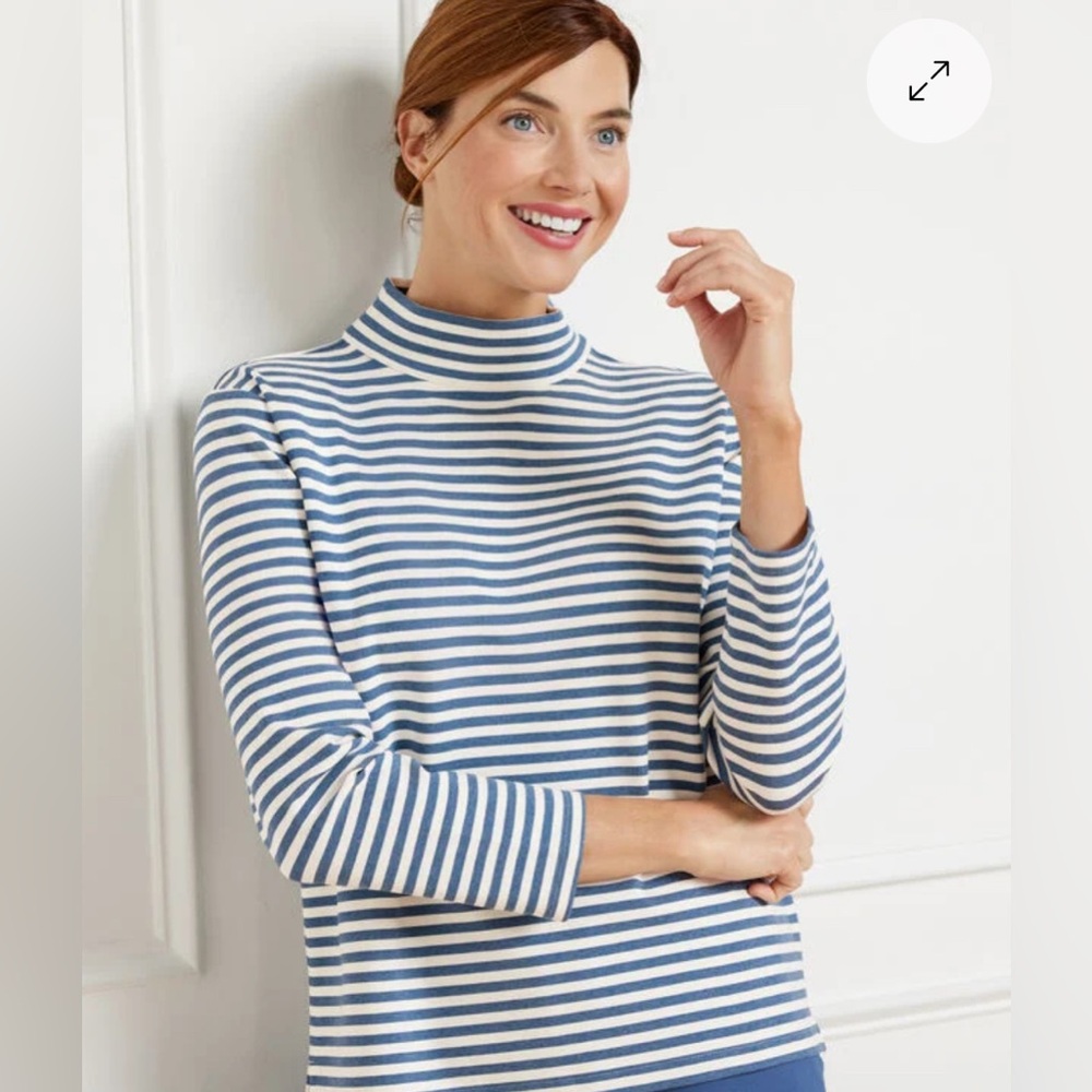 Talbots Blue and White Striped Mock Neck Long Sleeve Top